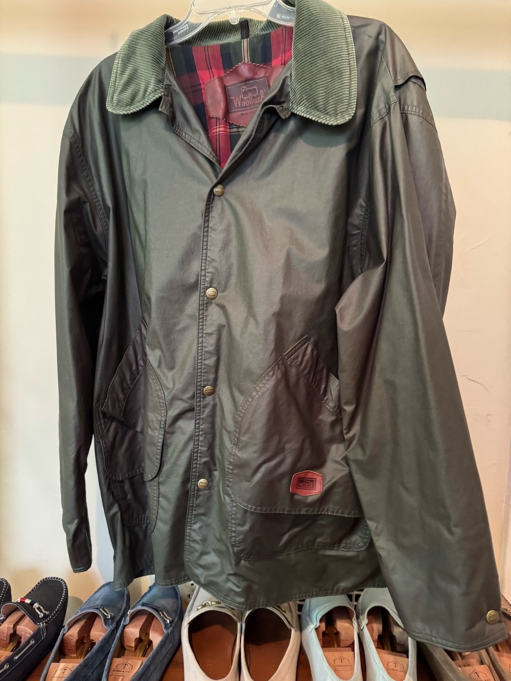 Woolrich Olive Green Wax-Style Field Jacket with Corduroy Collar